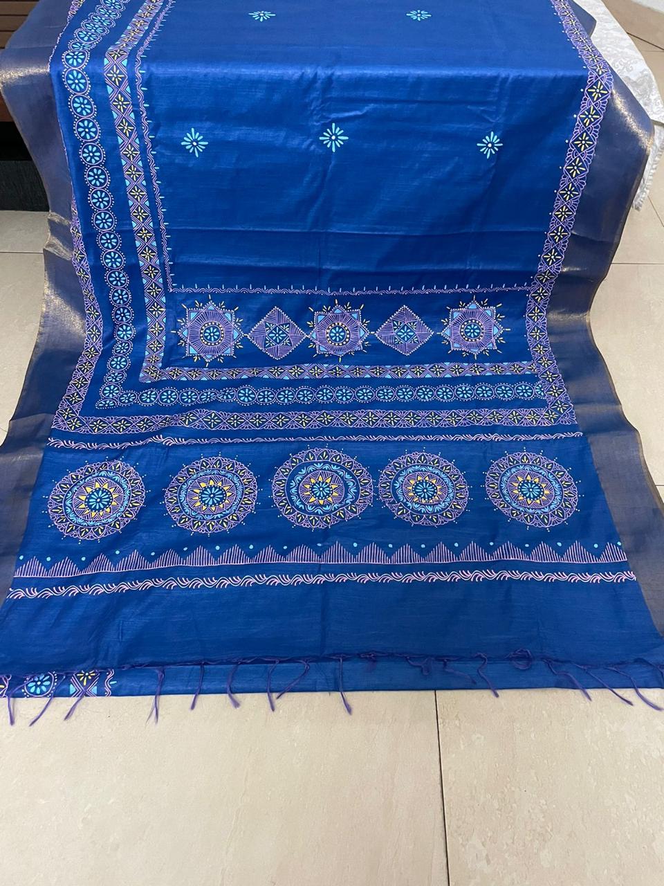 Royal Blue Hand-Painted Aipan Art Saree | Premium Cotton Silk | Uttarakhand Heritage Collection