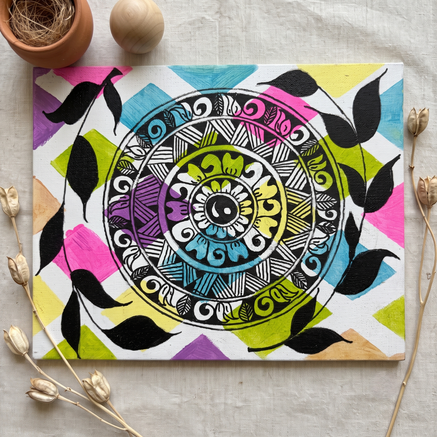 Colorful Bohemian Mandala Canvas Painting – Abstract Geometric Zentangle Wall Decor