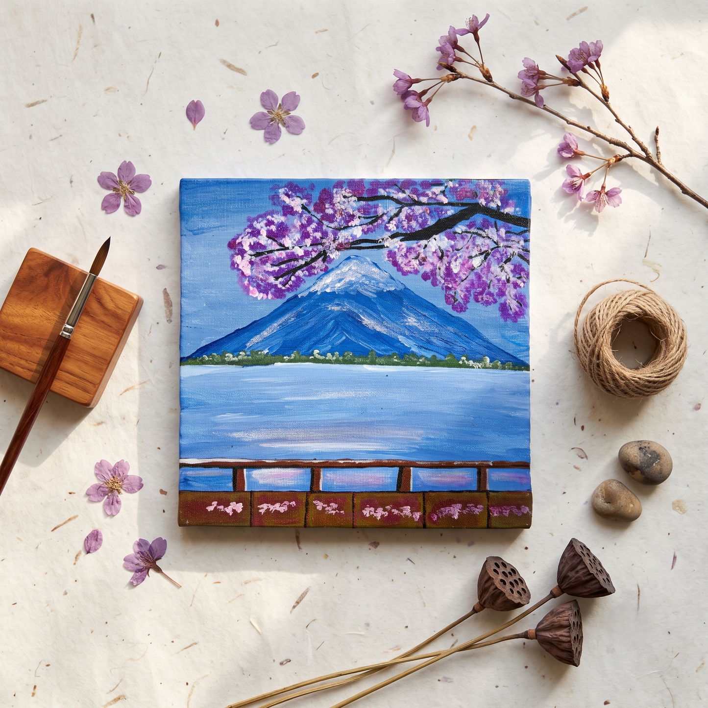 Serene Mount Fuji & Pink Sakura Canvas Painting – Japanese Landscape Nature Art