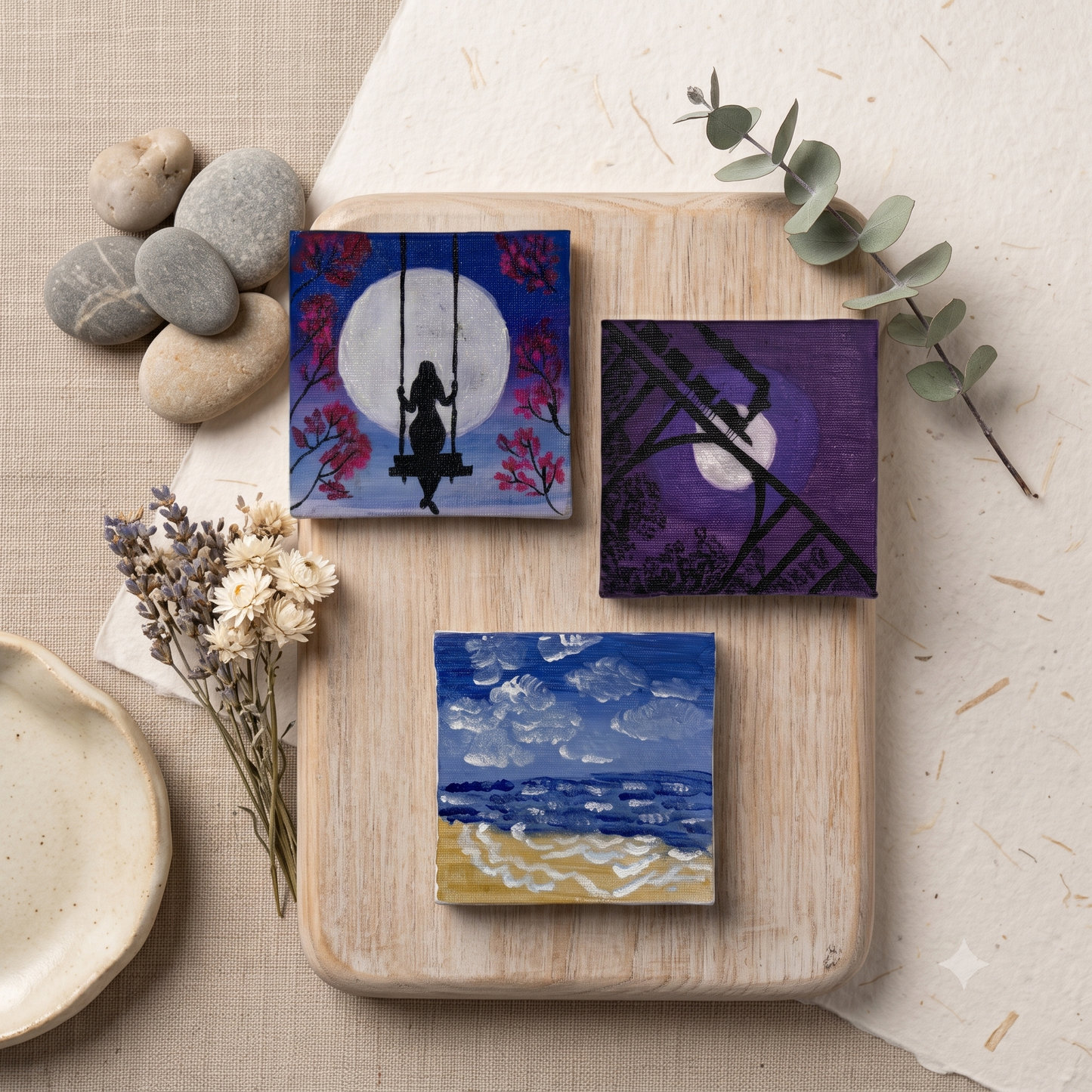 Midnight Serenade Hand-Painted Mini Canvas Set – Night Sky Landscape (Pack of 3)