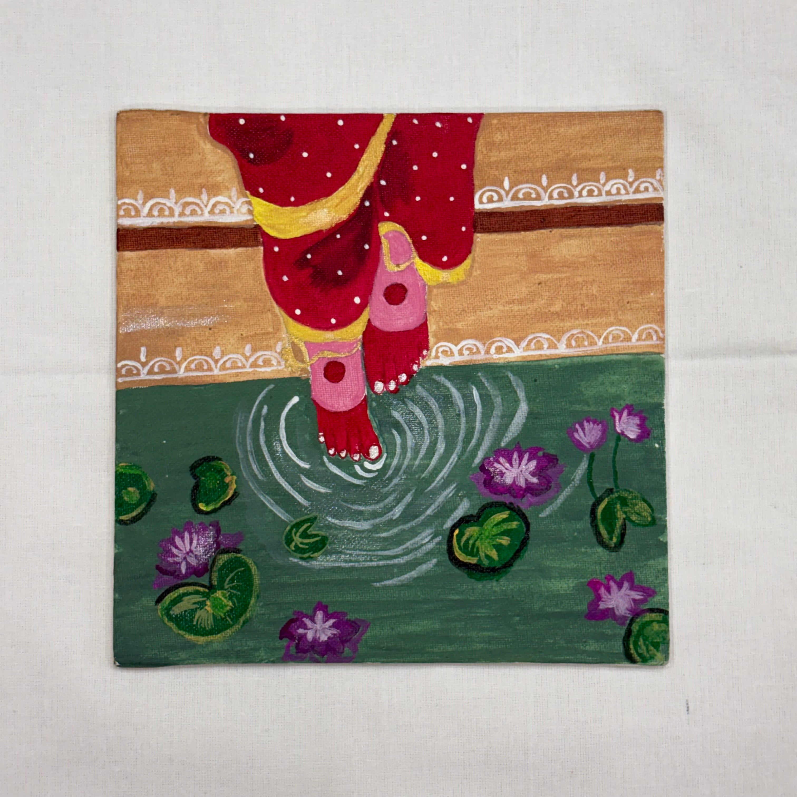 Auspicious Alta Feet & Lotus Hand-Painted Canvas Wall Art – Traditional Indian Decor