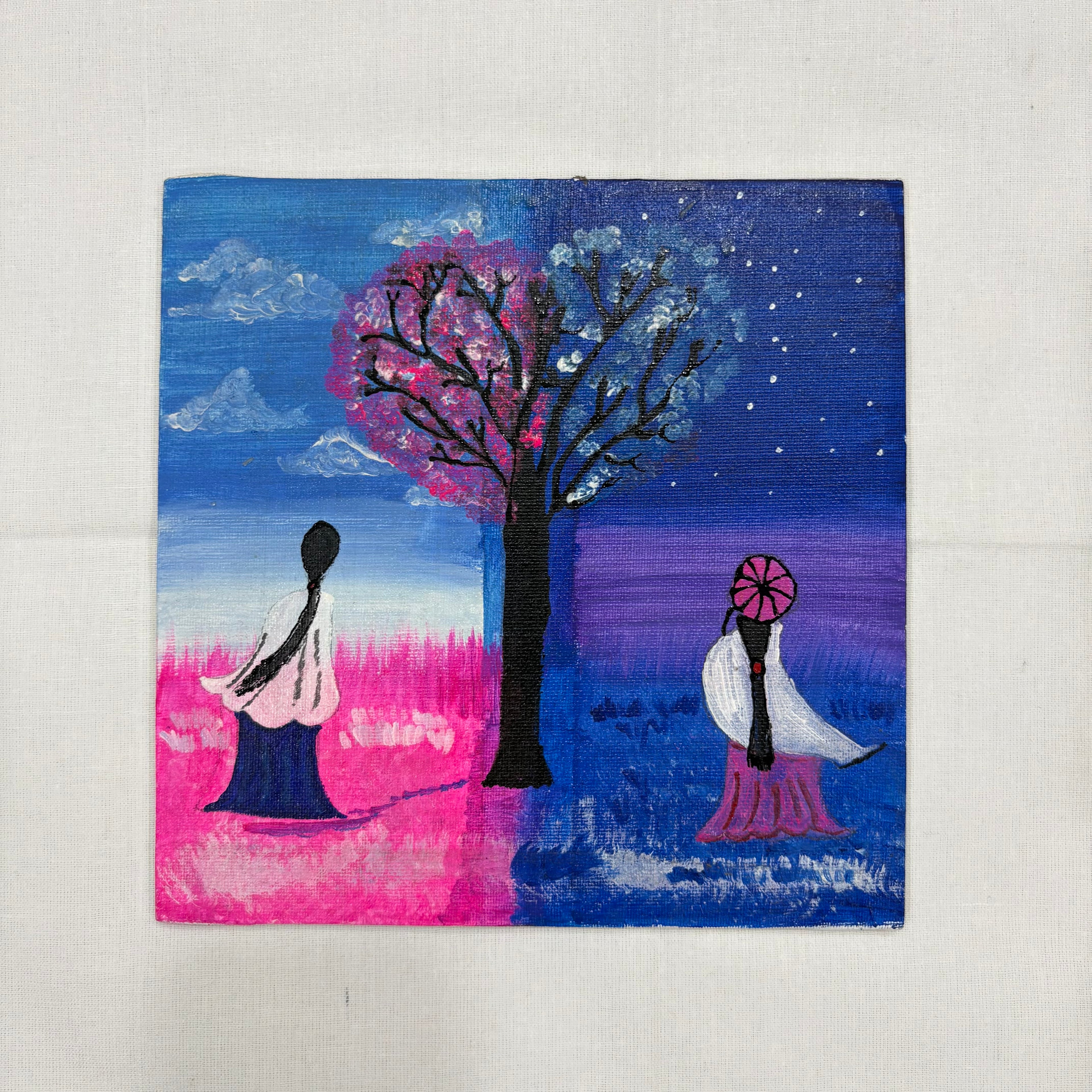 The Duality of Seasons Hand-Painted Canvas – Surreal Day & Night Landscape
