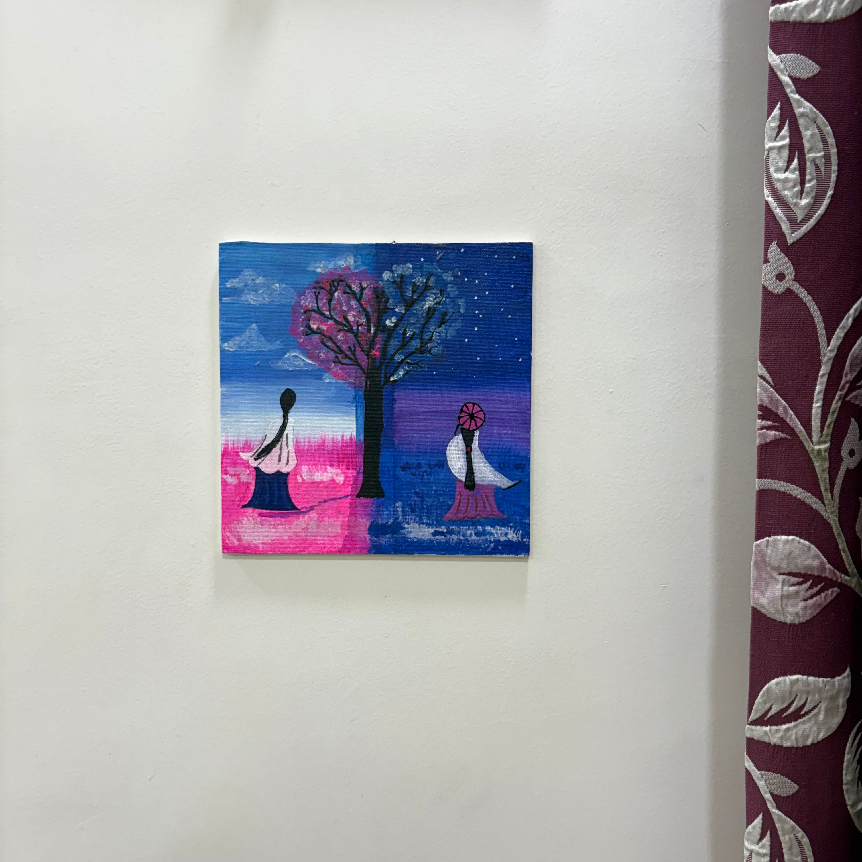 The Duality of Seasons Hand-Painted Canvas – Surreal Day & Night Landscape