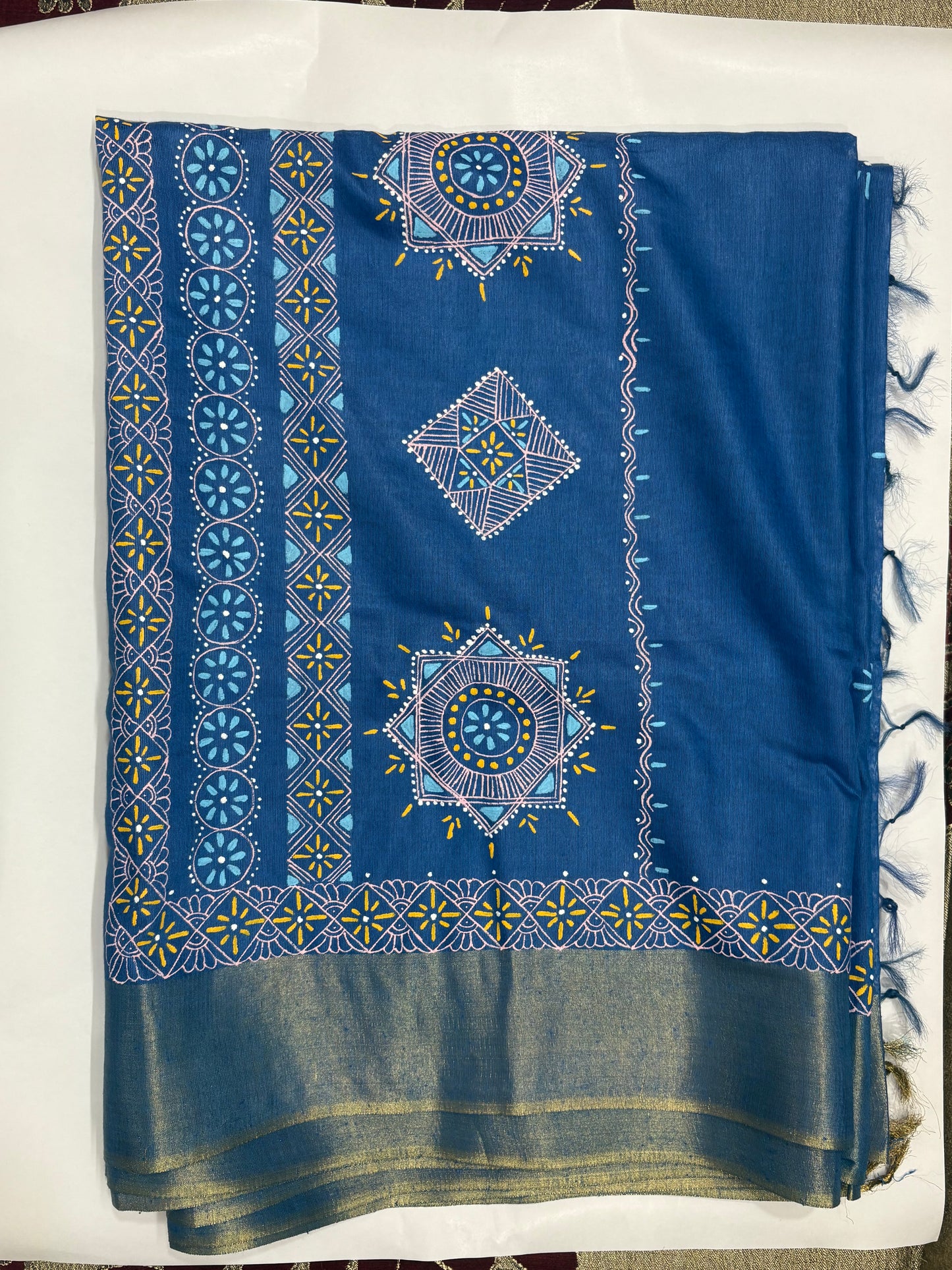 Royal Blue Hand-Painted Aipan Art Saree | Premium Cotton Silk | Uttarakhand Heritage Collection
