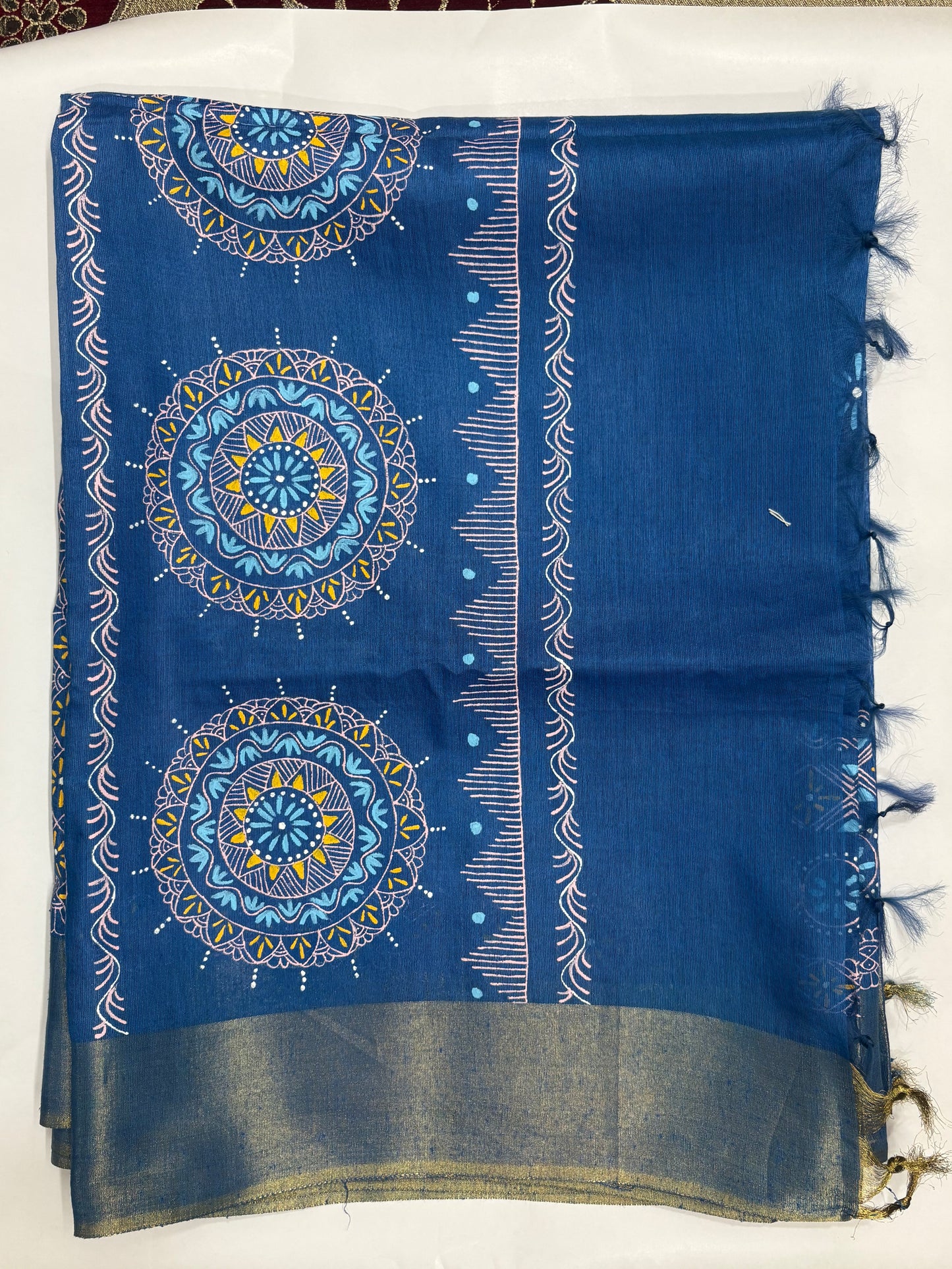 Royal Blue Hand-Painted Aipan Art Saree | Premium Cotton Silk | Uttarakhand Heritage Collection