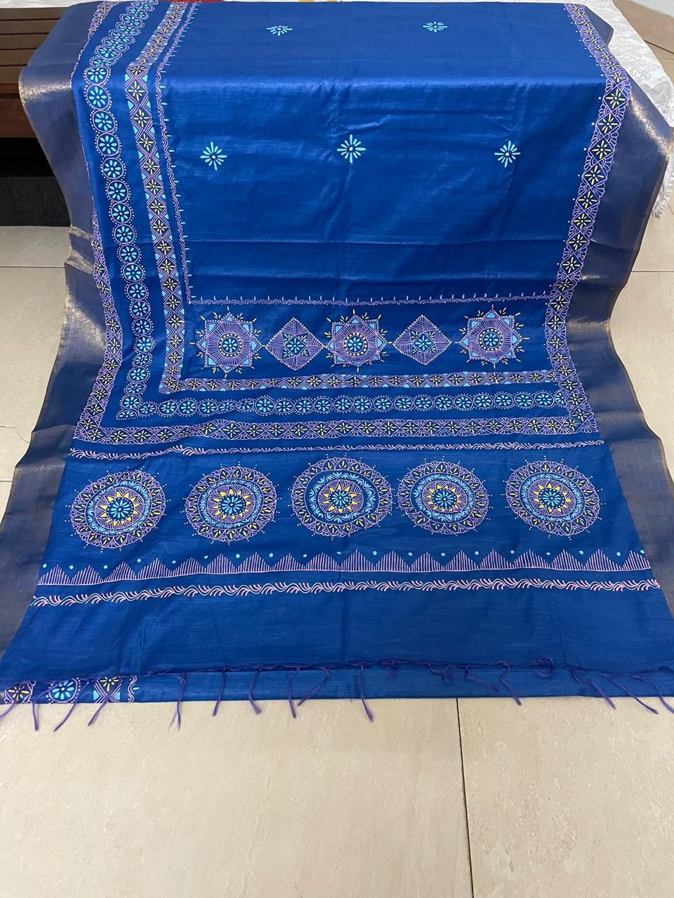 Royal Blue Hand-Painted Aipan Art Saree | Premium Cotton Silk | Uttarakhand Heritage Collection
