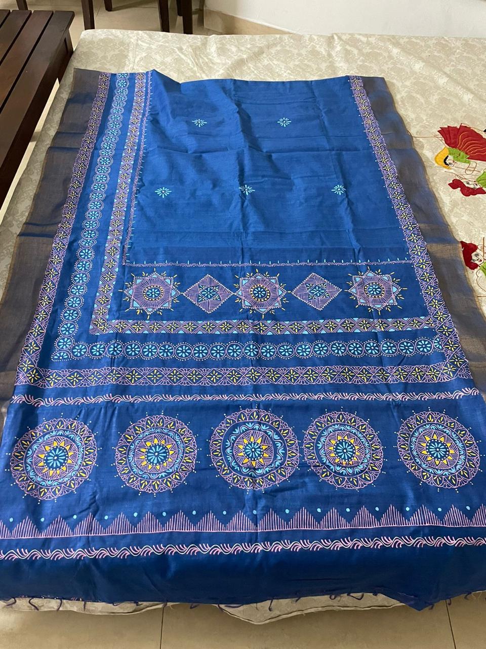 Royal Blue Hand-Painted Aipan Art Saree | Premium Cotton Silk | Uttarakhand Heritage Collection