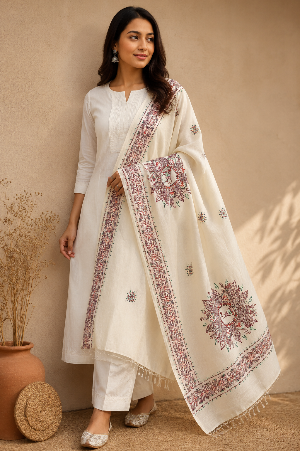 Handcrafted Aipan Art Cotton Dupatta | Kumaoni Folk Art