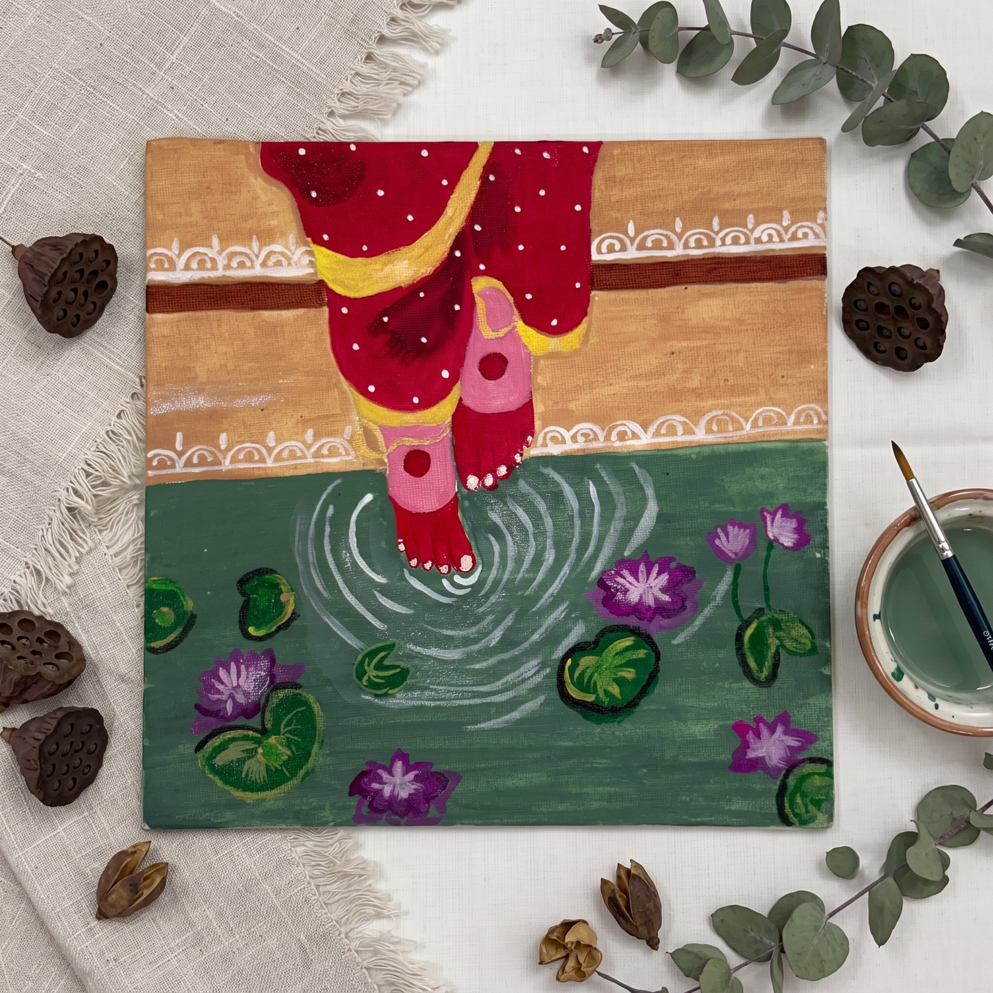 Auspicious Alta Feet & Lotus Hand-Painted Canvas Wall Art – Traditional Indian Decor