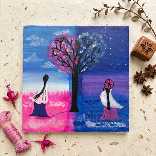 The Duality of Seasons Hand-Painted Canvas – Surreal Day & Night Landscape