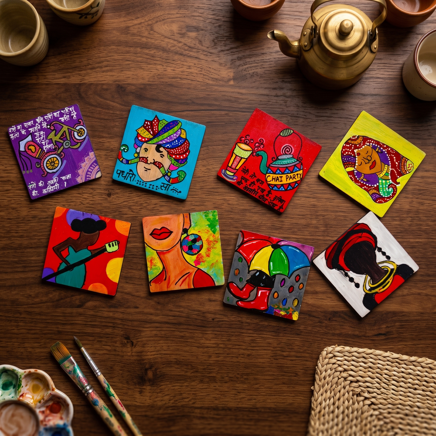 Hand-Painted Eclectic Mini Canvas Art Blocks – Traditional Indian & Pop Art (Set of 8)