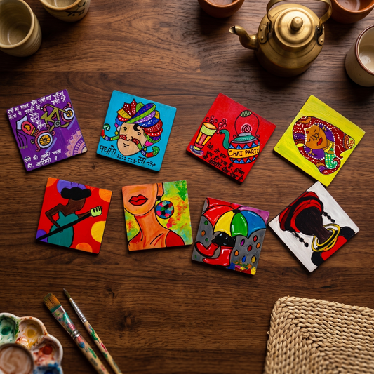 Hand-Painted Eclectic Mini Canvas Art Blocks – Traditional Indian & Pop Art (Set of 8)