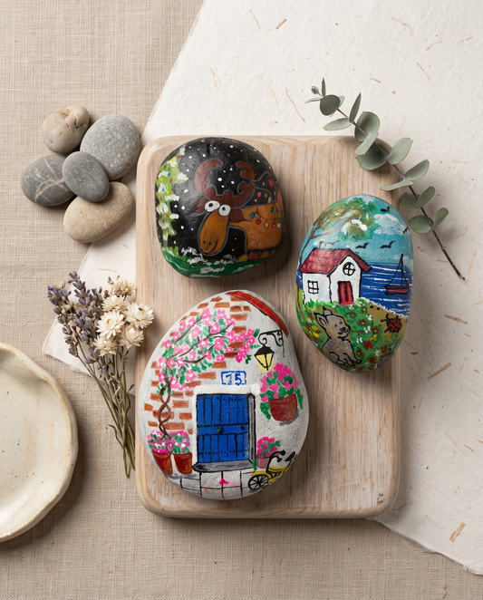 Whimsical Storybook Hand-Painted Stones – Decorative Art Pebbles & Paperweights