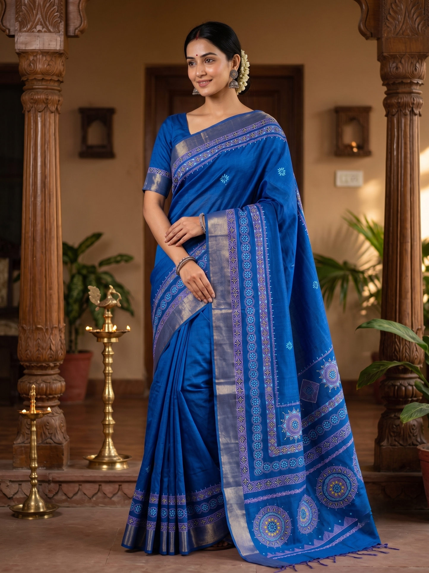 Royal Blue Hand-Painted Aipan Art Saree | Premium Cotton Silk | Uttarakhand Heritage Collection