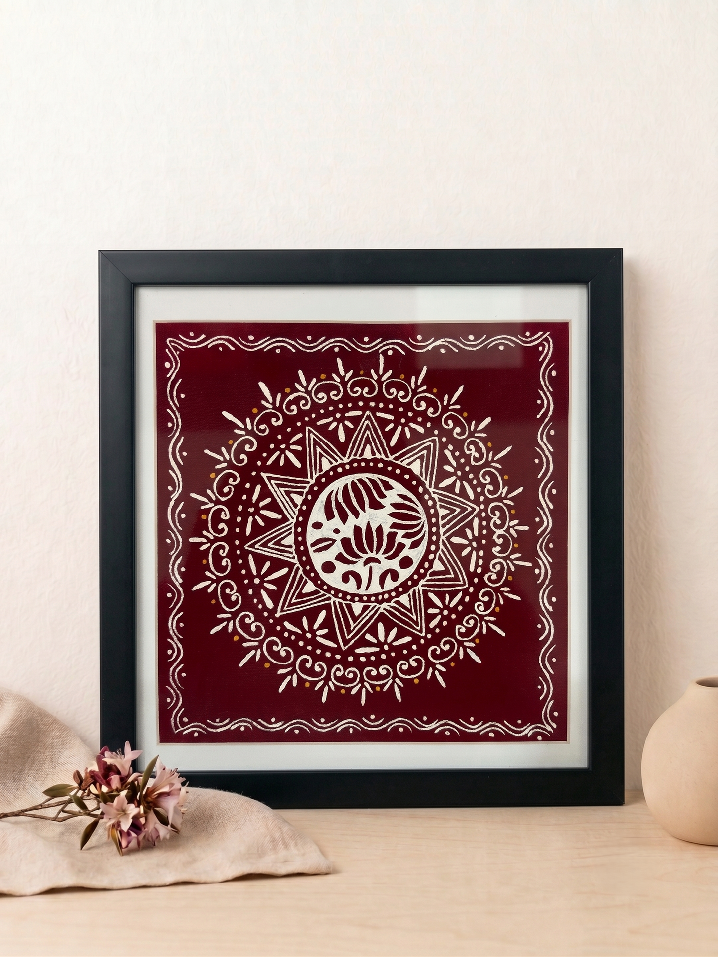 Sacred Lotus Aipan Wall Art | Handmade Uttarakhand Folk Painting (9 × 9 in)