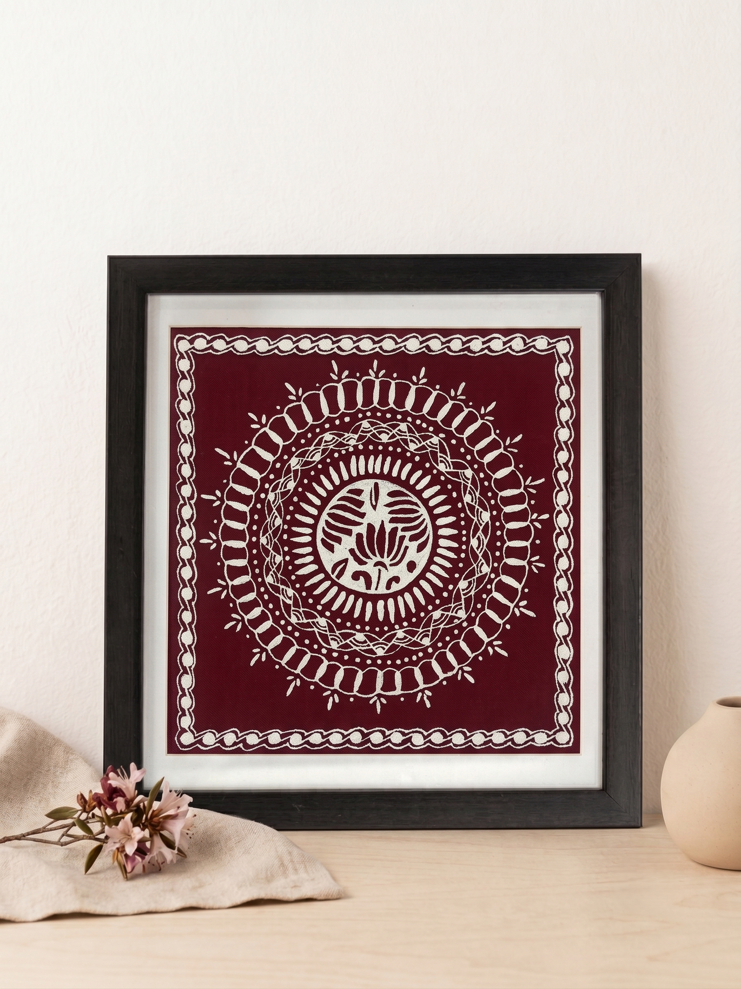Traditional Lotus Circle Aipan Wall Art | Handmade Uttarakhand Folk Painting (9 × 9 in)